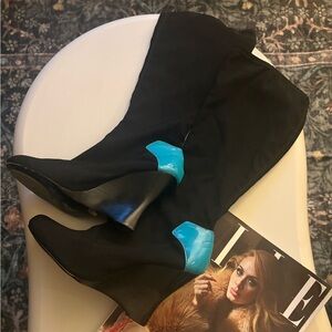 NASCAR Fonda Black Knee-High Wedge Boots with Teal Heel Accent